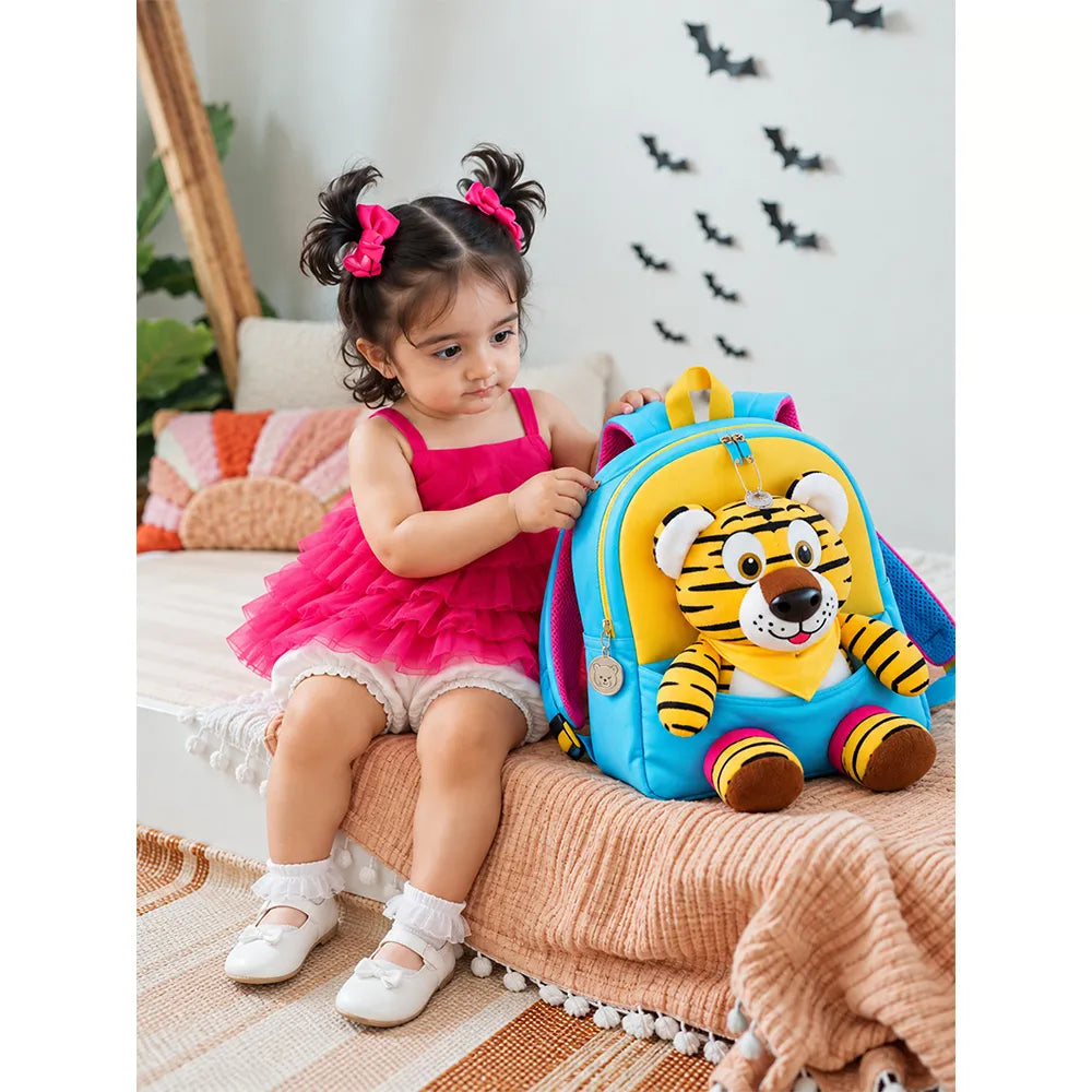 Blue & Yellow Tiger Toddler Backpack with Removable Soft Toy for Nursery & Playgroup