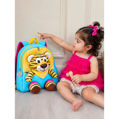 Blue & Yellow Tiger Toddler Backpack with Removable Soft Toy for Nursery & Playgroup