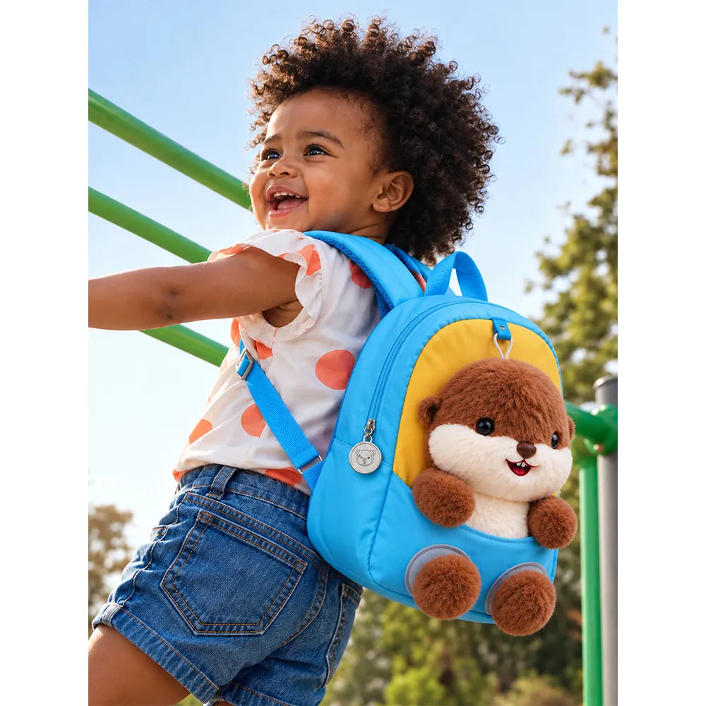 Blue & Yellow Squirrel Toddler Backpack with Removable Soft Toy for Nursery & Playgroup