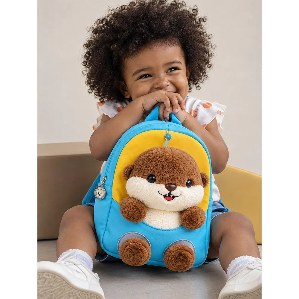 Blue & Yellow Squirrel Toddler Backpack with Removable Soft Toy for Nursery & Playgroup