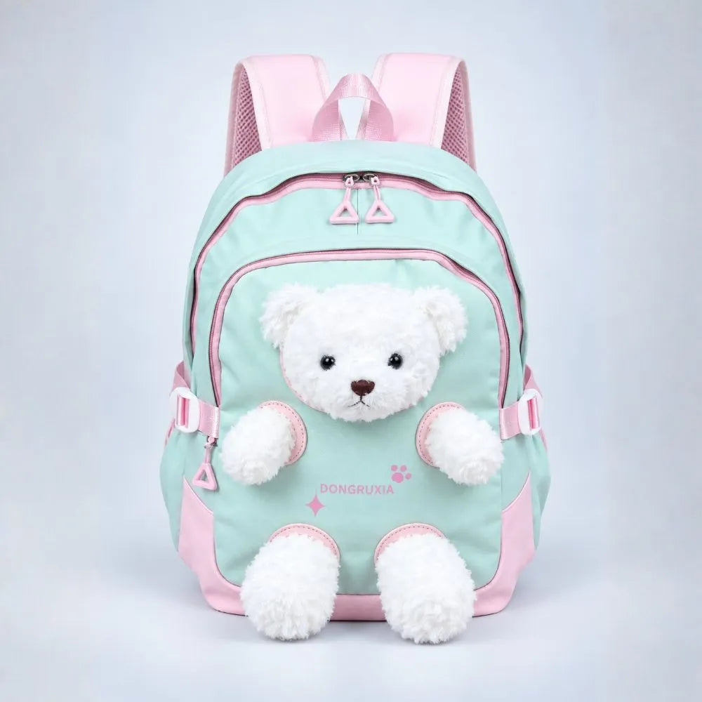 Green & White Teddy Toddler Backpack with Removable Soft Toy for Nursery & Playgroup