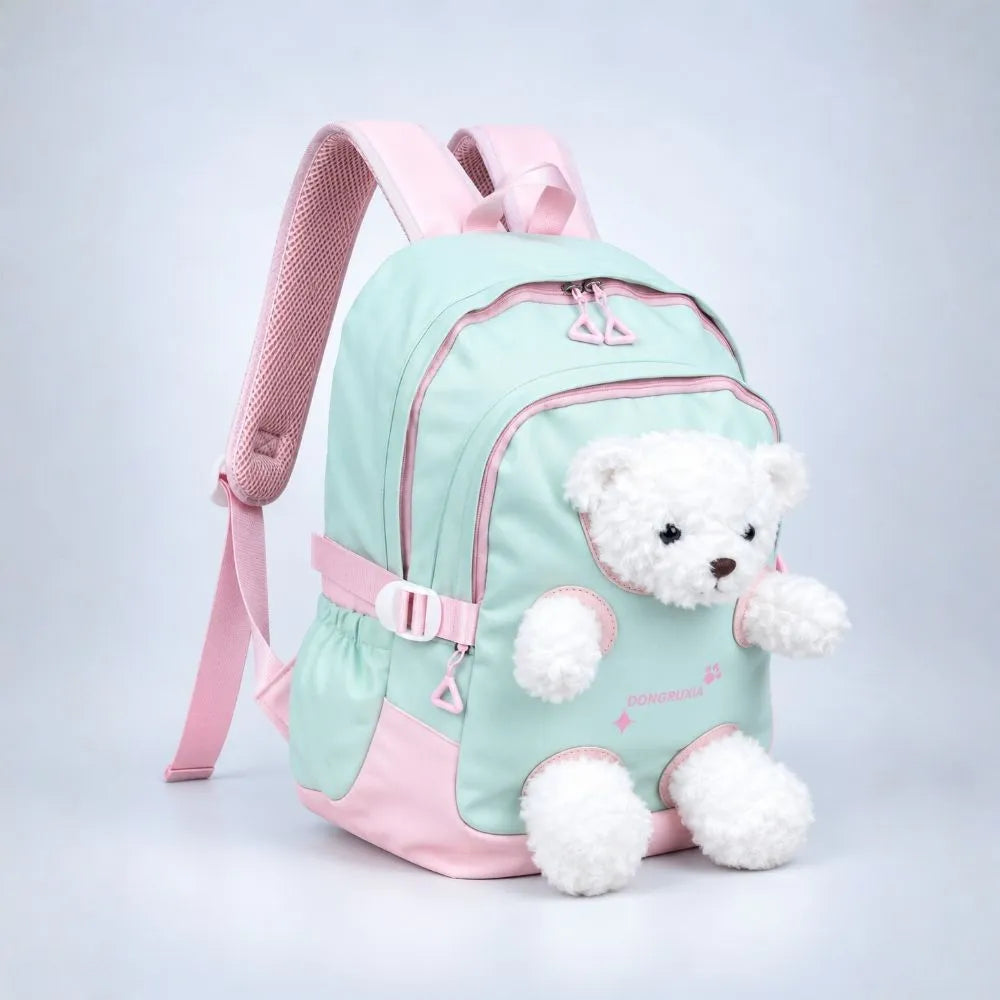 Green & White Teddy Toddler Backpack with Removable Soft Toy for Nursery & Playgroup