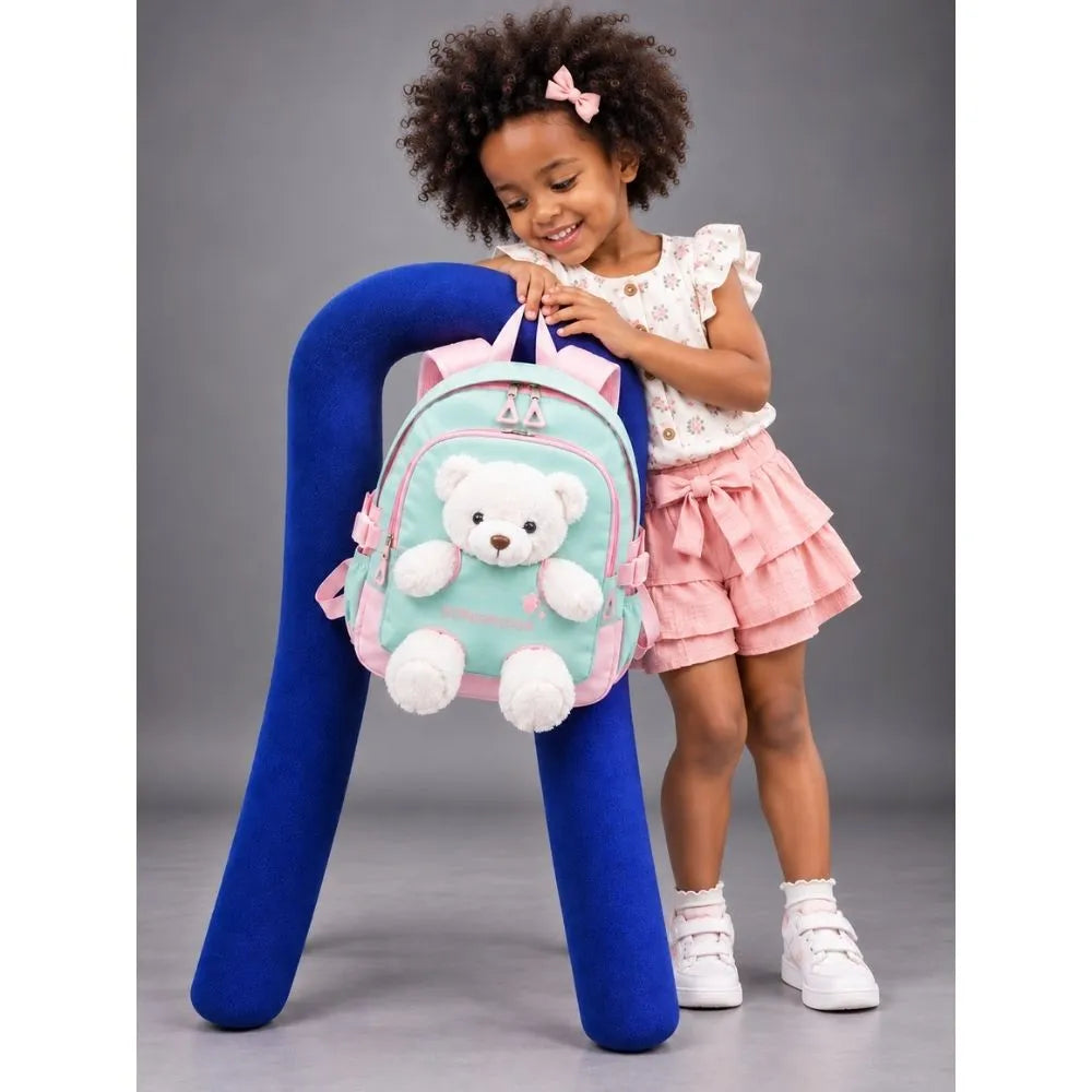 Green & White Teddy Toddler Backpack with Removable Soft Toy for Nursery & Playgroup