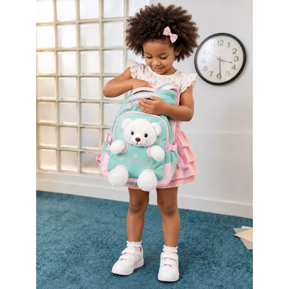 Green & White Teddy Toddler Backpack with Removable Soft Toy for Nursery & Playgroup