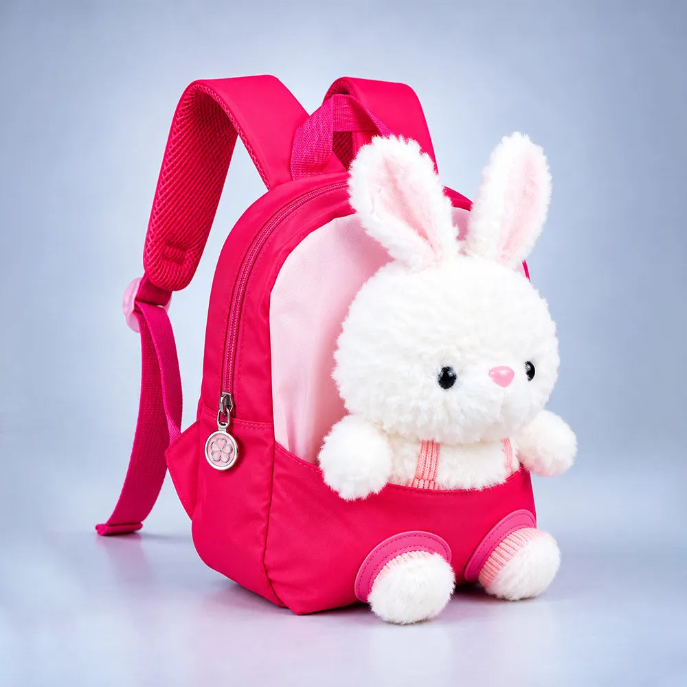 Fuchsia Bunny Toddler Backpack with Removable Soft Toy for Nursery & Playgroup
