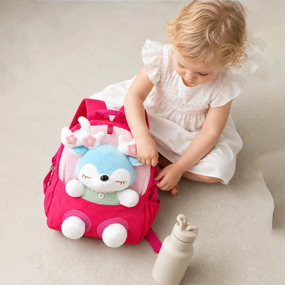Fuchsia Pink Reindeer Backpack with Removable Soft Toy for Toddlers