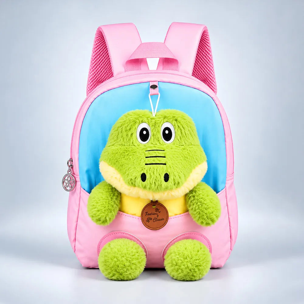 Pink & Blue Crocodile Toddler Backpack with Removable Soft Toy for Nursery & Playgroup