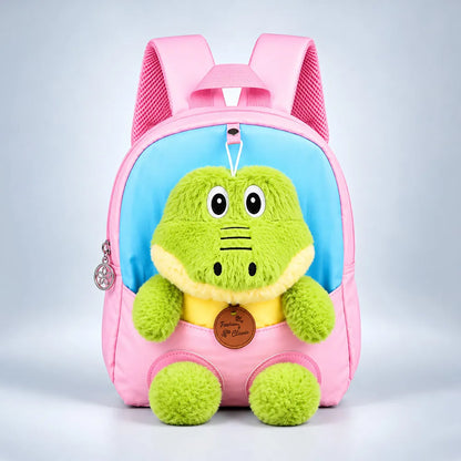 Pink & Blue Crocodile Toddler Backpack with Removable Soft Toy for Nursery & Playgroup