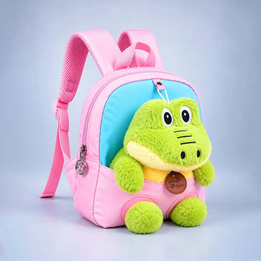 Pink & Blue Crocodile Toddler Backpack with Removable Soft Toy for Nursery & Playgroup