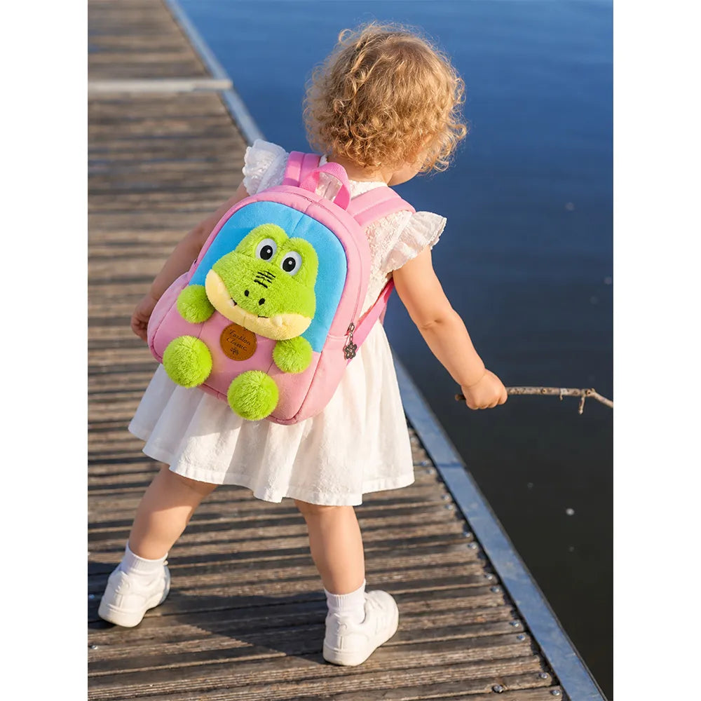 Pink & Blue Crocodile Toddler Backpack with Removable Soft Toy for Nursery & Playgroup