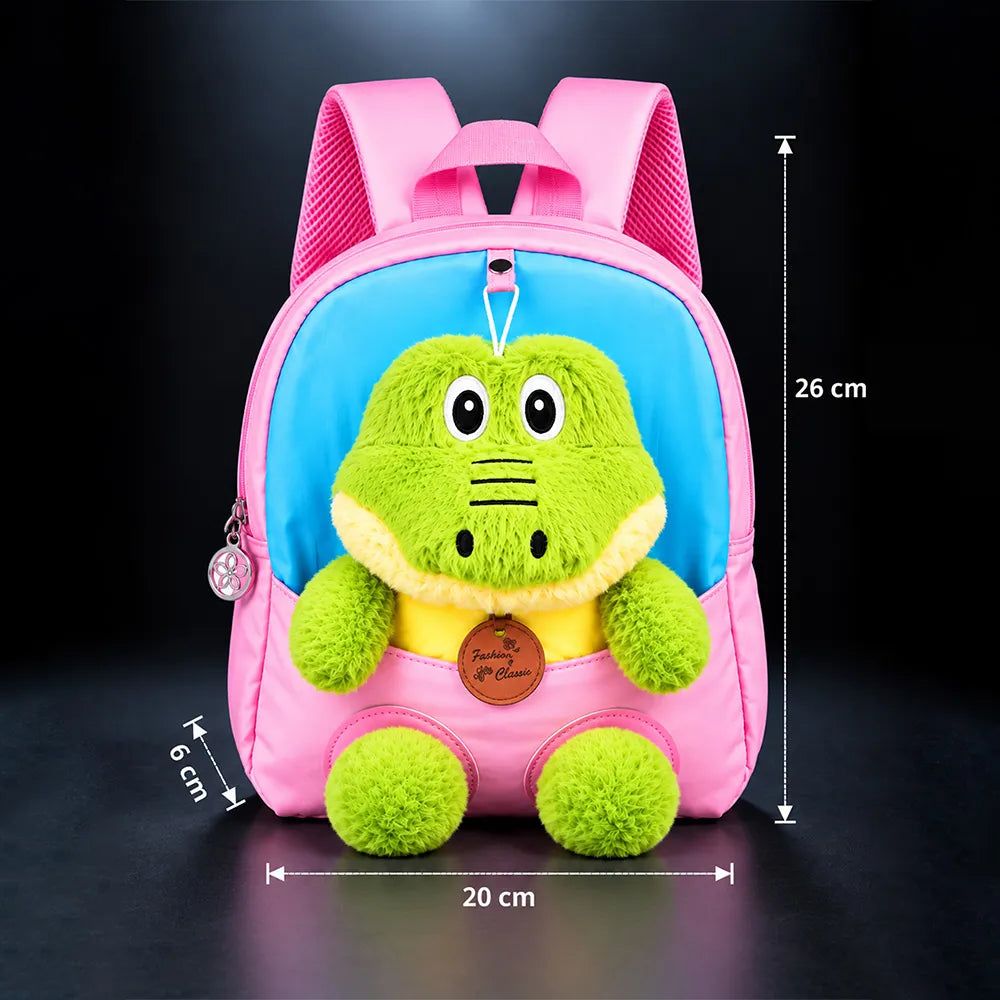 Pink & Blue Crocodile Toddler Backpack with Removable Soft Toy for Nursery & Playgroup