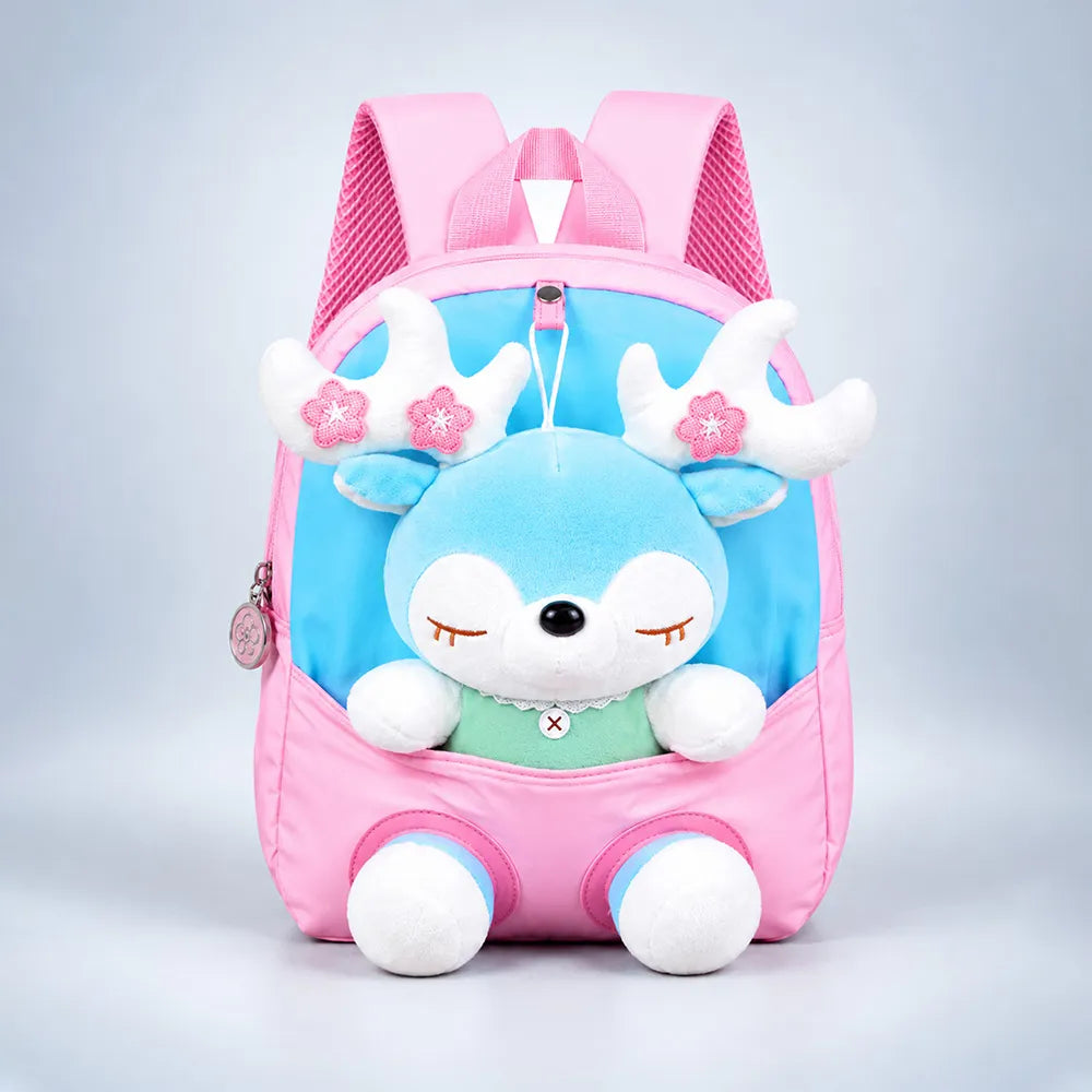 Pink & Blue Reindeer Toddler Backpack with Removable Soft Toy for Nursery & Playgroup