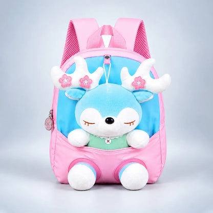 Pink & Blue Reindeer Toddler Backpack with Removable Soft Toy for Nursery & Playgroup