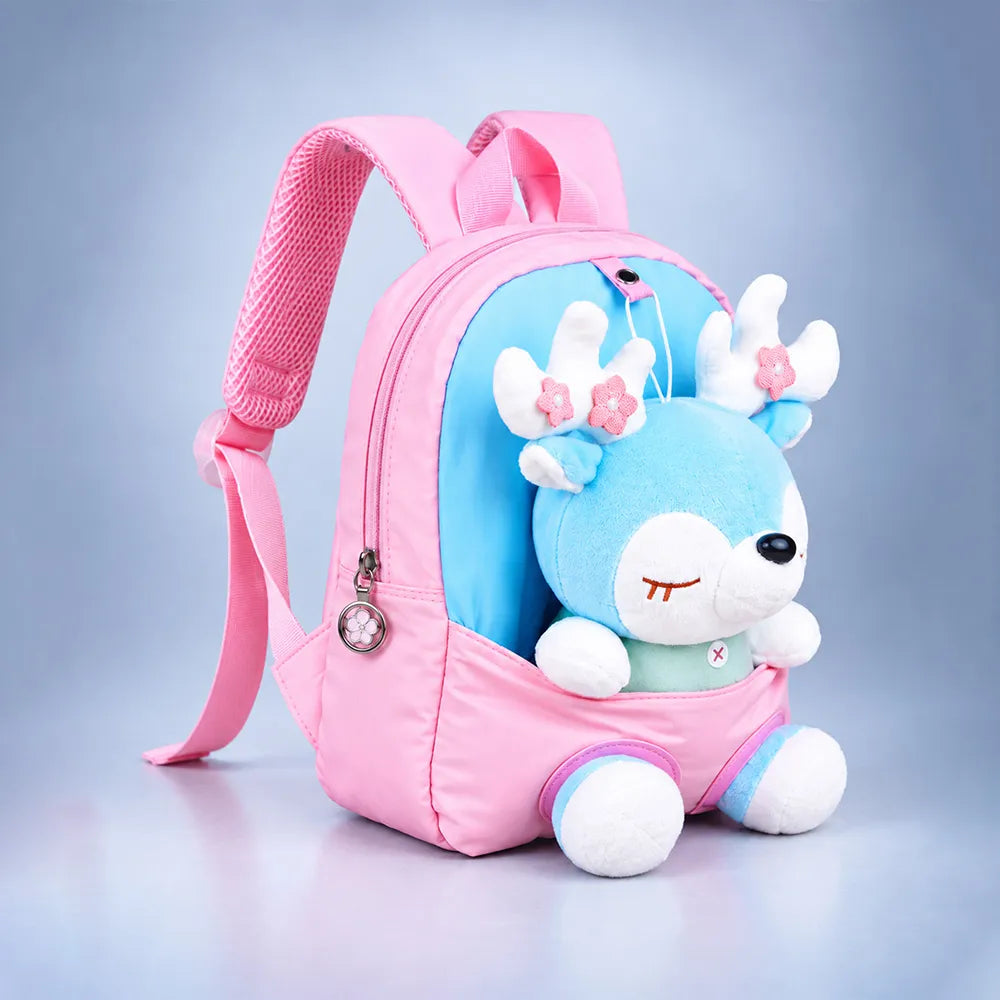 Pink & Blue Reindeer Toddler Backpack with Removable Soft Toy for Nursery & Playgroup