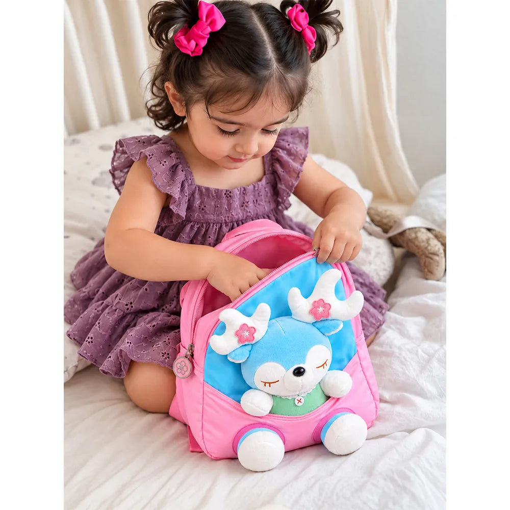 Pink & Blue Reindeer Toddler Backpack with Removable Soft Toy for Nursery & Playgroup