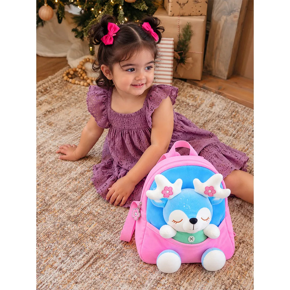 Pink & Blue Reindeer Toddler Backpack with Removable Soft Toy for Nursery & Playgroup