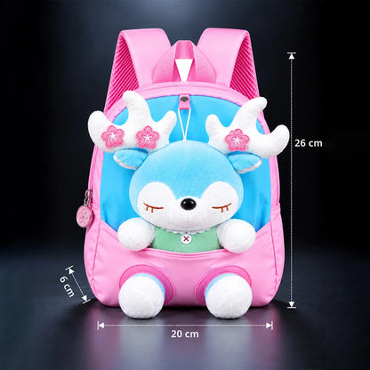 Pink & Blue Reindeer Toddler Backpack with Removable Soft Toy for Nursery & Playgroup
