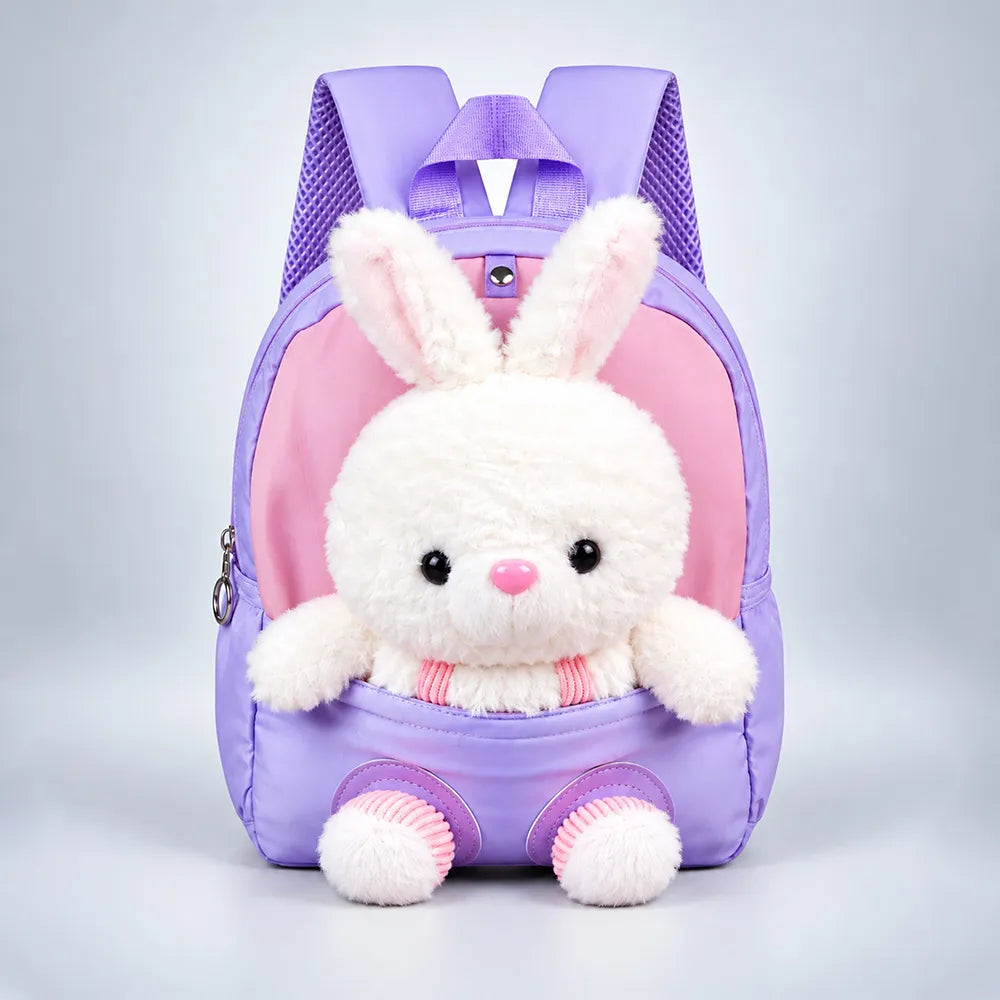 Purple & Pink Bunny Toddler Backpack with Removable Soft Toy for Nursery & Playgroup