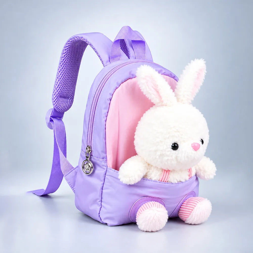 Purple & Pink Bunny Toddler Backpack with Removable Soft Toy for Nursery & Playgroup