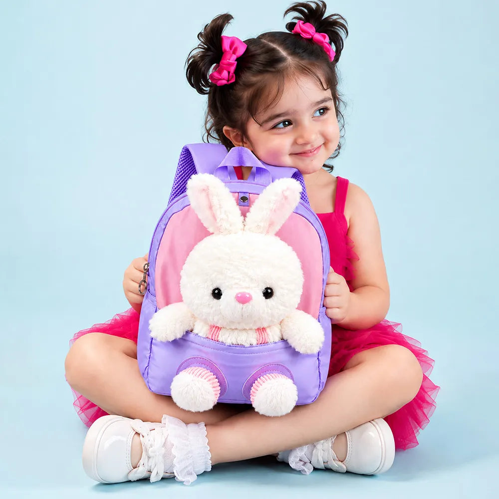 Purple & Pink Bunny Toddler Backpack with Removable Soft Toy for Nursery & Playgroup