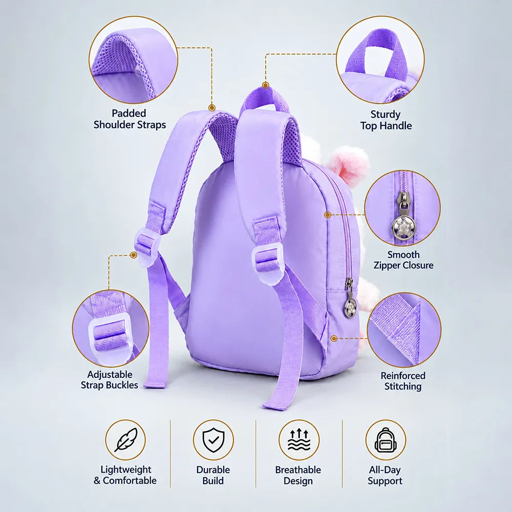 Purple & Pink Bunny Toddler Backpack with Removable Soft Toy for Nursery & Playgroup