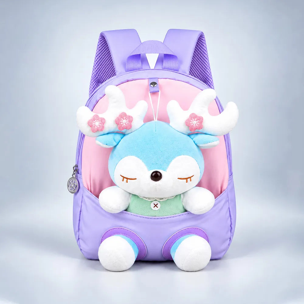Purple & Pink Reindeer Toddler Backpack with Removable Soft Toy for Nursery & Playgroup