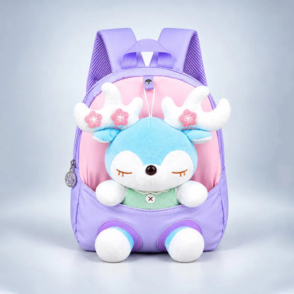 Purple & Pink Reindeer Toddler Backpack with Removable Soft Toy for Nursery & Playgroup