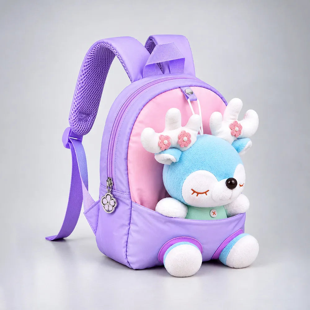Purple & Pink Reindeer Toddler Backpack with Removable Soft Toy for Nursery & Playgroup