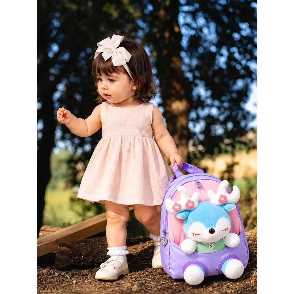 Purple & Pink Reindeer Toddler Backpack with Removable Soft Toy for Nursery & Playgroup