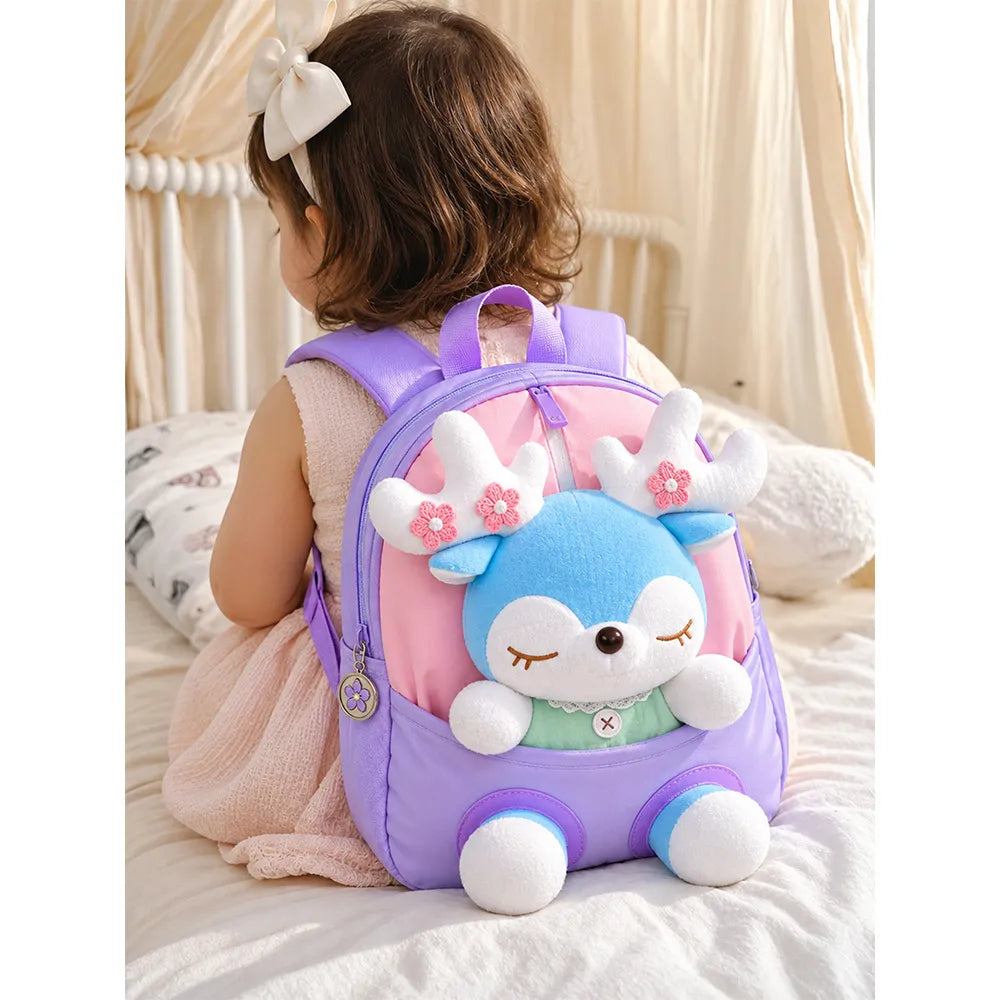 Purple & Pink Reindeer Toddler Backpack with Removable Soft Toy for Nursery & Playgroup