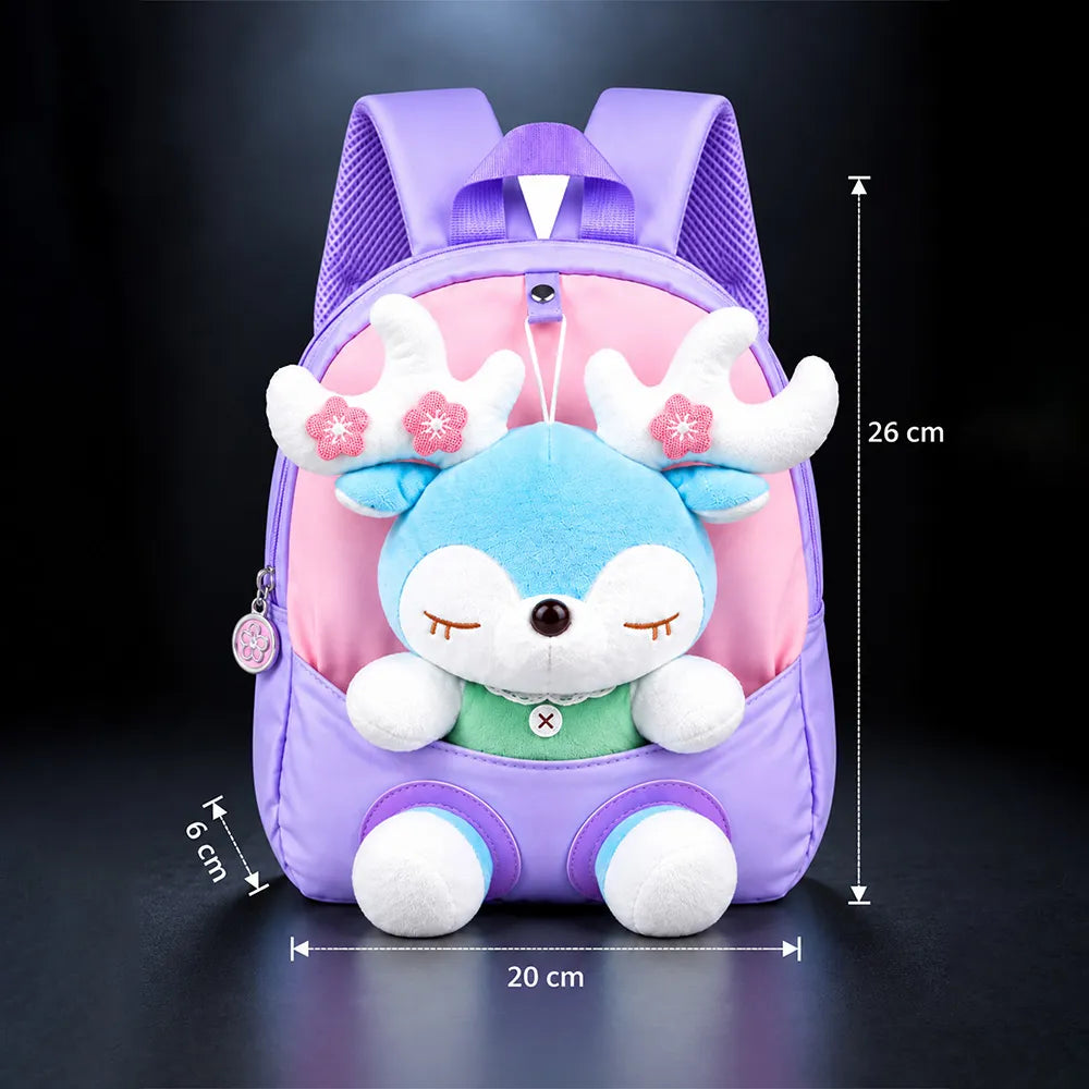 Purple & Pink Reindeer Toddler Backpack with Removable Soft Toy for Nursery & Playgroup