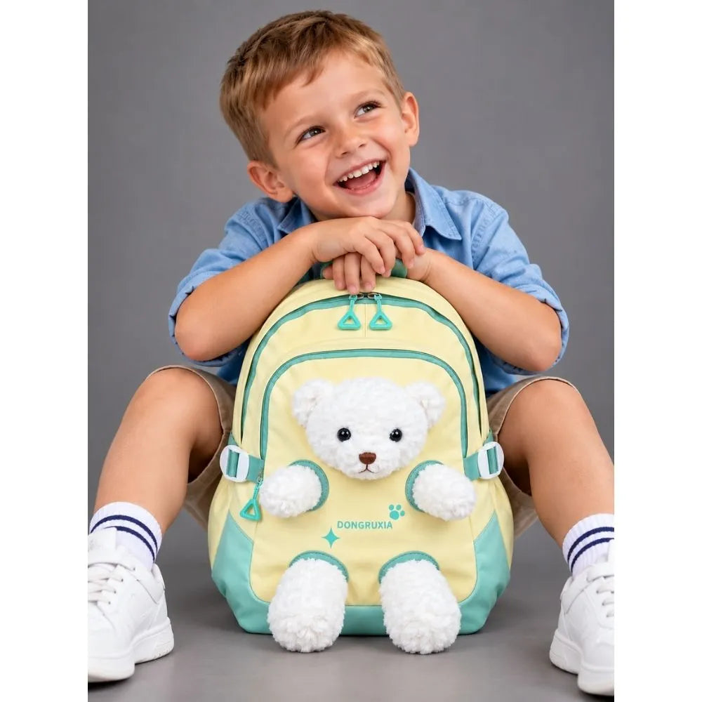 Yellow & White Teddy Toddler Backpack with Removable Soft Toy for Nursery & Playgroup