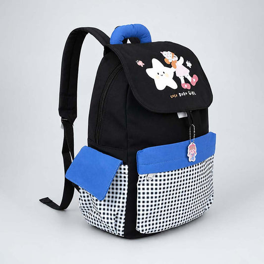 Black Gingham Girl Star Backpack with Keychain for Kids & Teens