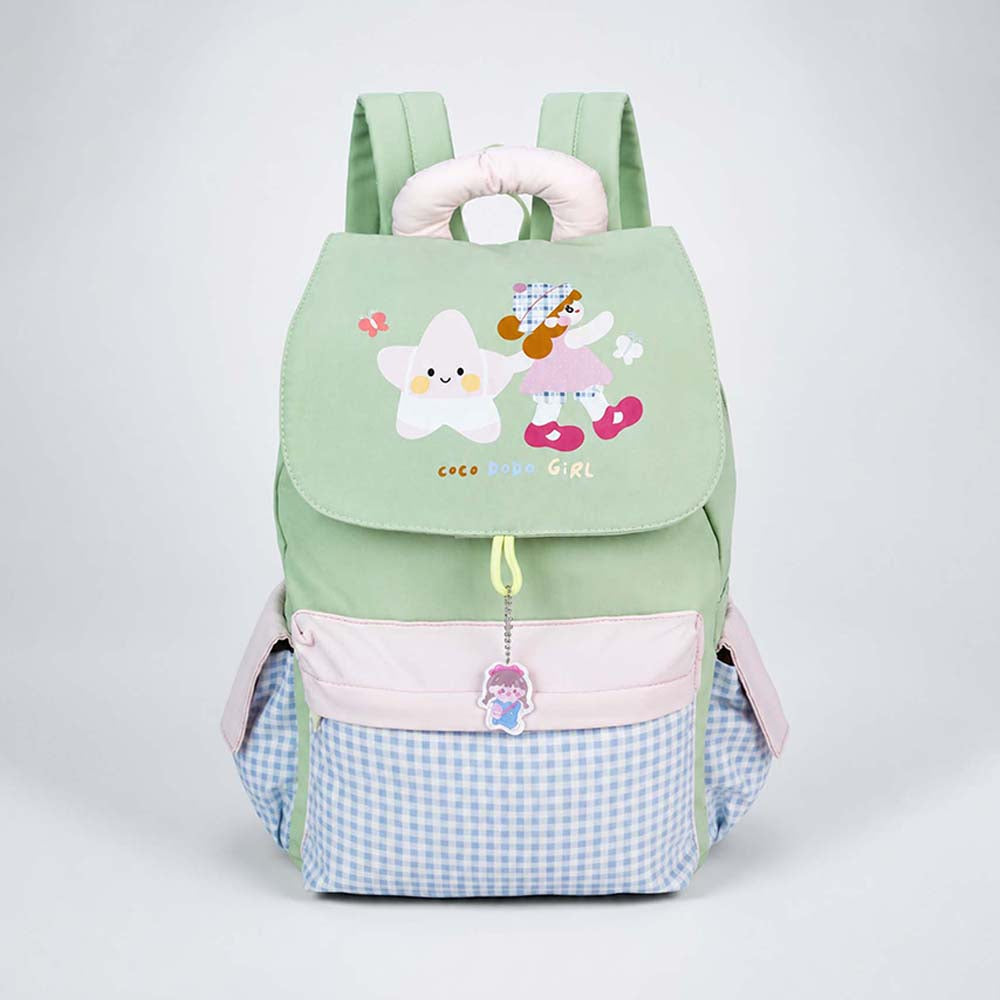 Green Gingham Girl Star Backpack with Keychain for Kids & Teens