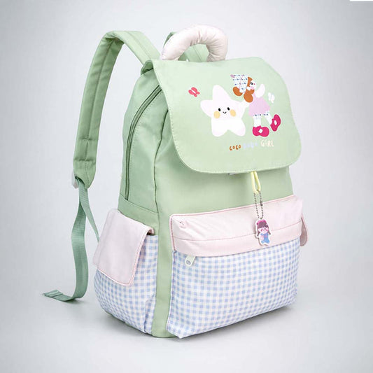 Green Gingham Girl Star Backpack with Keychain for Kids & Teens