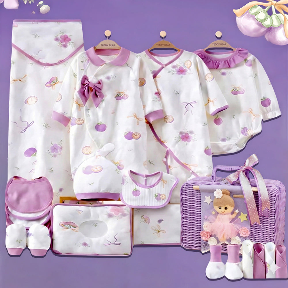 23 pcs Fairy Bow Newborn Baby Girl Gift Box set, All Season Wear Hamper with luxury designed Storage Cane Basket (0-12