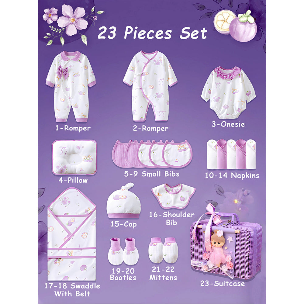 23 pcs Fairy Bow Newborn Baby Girl Gift Box set, All Season Wear Hamper with luxury designed Storage Cane Basket (0-12