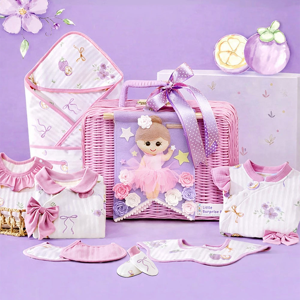 23 pcs Fairy Bow Newborn Baby Girl Gift Box set, All Season Wear Hamper with luxury designed Storage Cane Basket (0-12