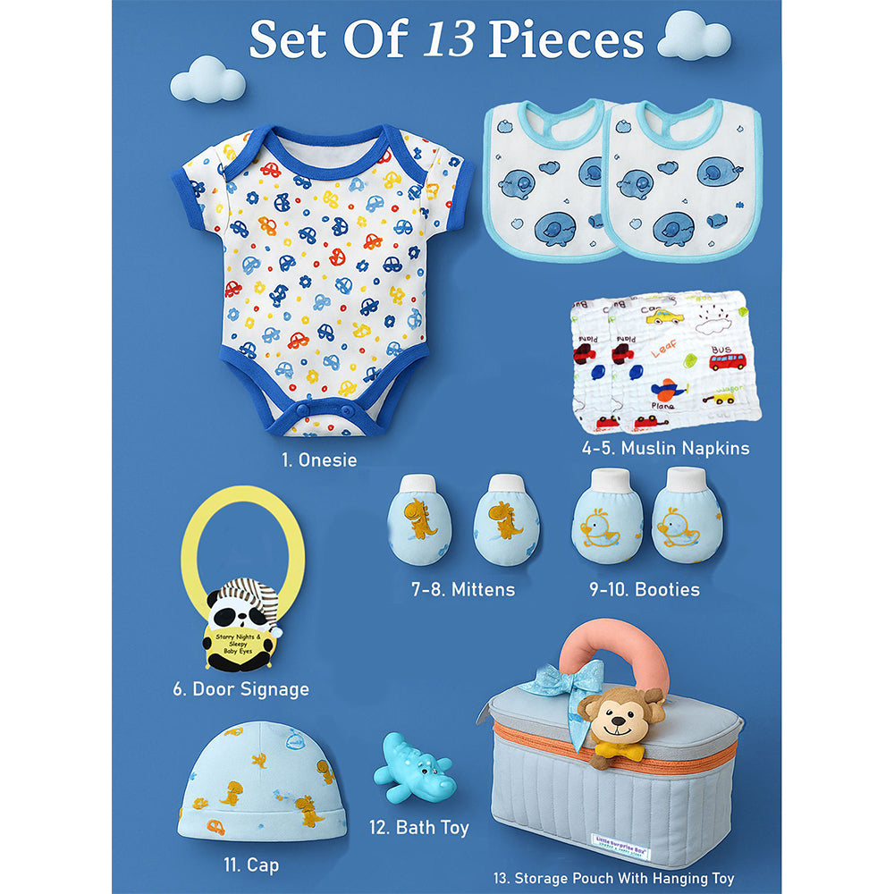 13 pcs Blue Monkey soft Satin pouch Newborn Hamper /Gift Box for Baby, 0-6 months - Little Surprise Box