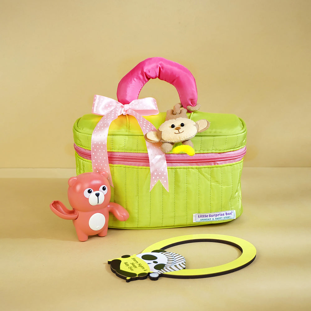 13 pcs Pink Monkey soft satin pouch Newborn Hamper /Gift Box for Baby, 0-6 months - Little Surprise Box