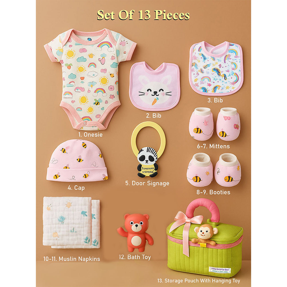 13 pcs Pink Monkey soft satin pouch Newborn Hamper /Gift Box for Baby, 0-6 months - Little Surprise Box