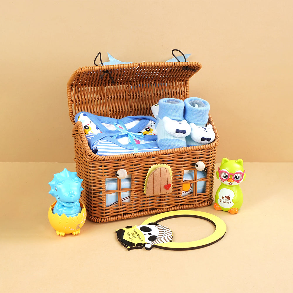 15 pcs Blue Blessed Home cane basket Newborn Hamper/Gift Box for Baby Boy, 0-6 months - Little Surprise Box