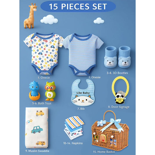 15 pcs Blue Blessed Home cane basket Newborn Hamper/Gift Box for Baby Boy, 0-6 months - Little Surprise Box