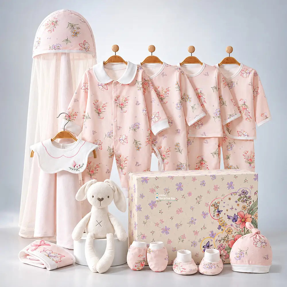 15 pcs Bunny Wings Floral Newborn Baby Girl Gift Box – All-Season Gift Hamper(0–6 Months)