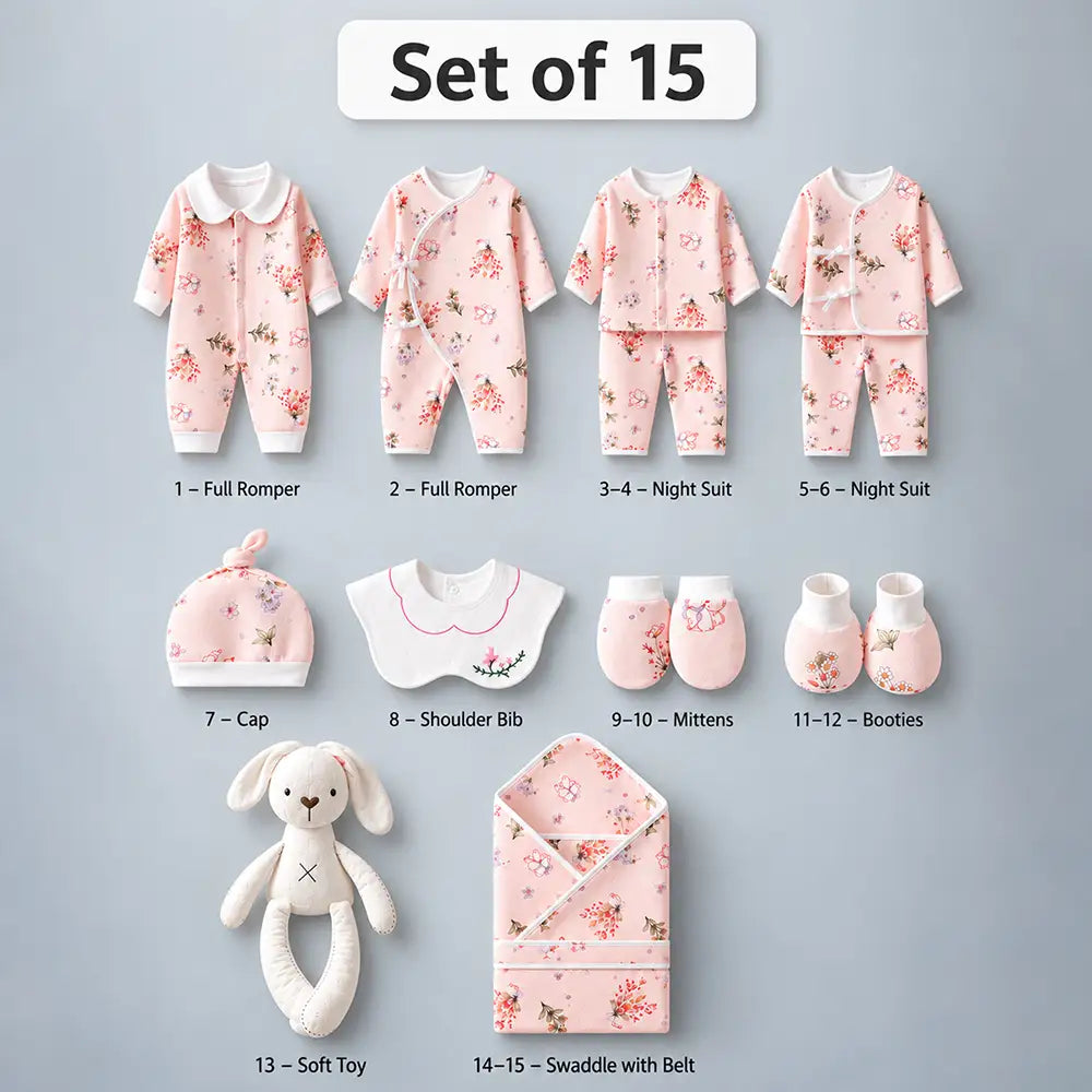 15 pcs Bunny Wings Floral Newborn Baby Girl Gift Box – All-Season Gift Hamper(0–6 Months)