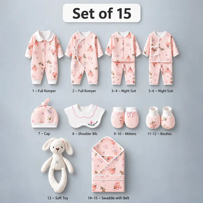 15 pcs Bunny Wings Floral Newborn Baby Girl Gift Box – All-Season Gift Hamper(0–6 Months)