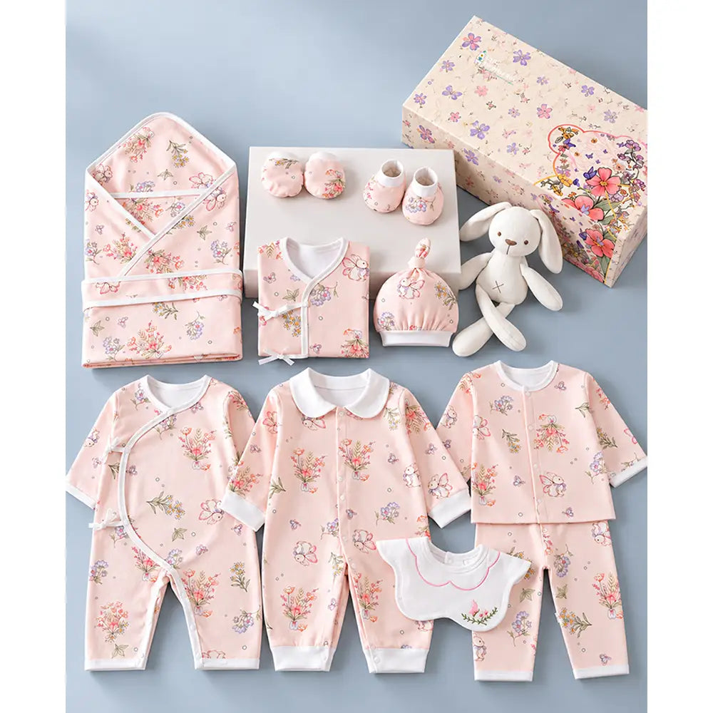 15 pcs Bunny Wings Floral Newborn Baby Girl Gift Box – All-Season Gift Hamper(0–6 Months)