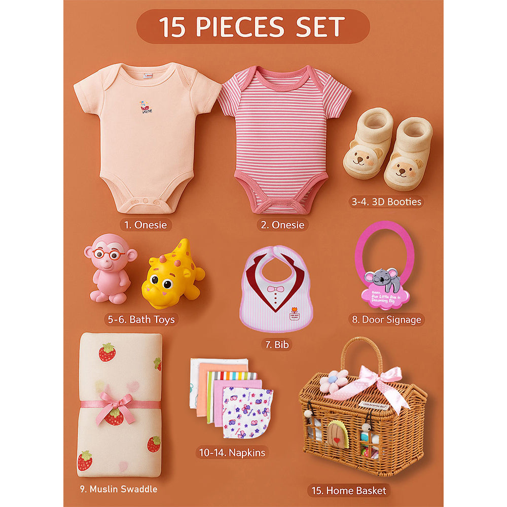 15 pcs Pink Blessed Home Newborn Hamper/Gift Box for Baby Girl - Little Surprise Box