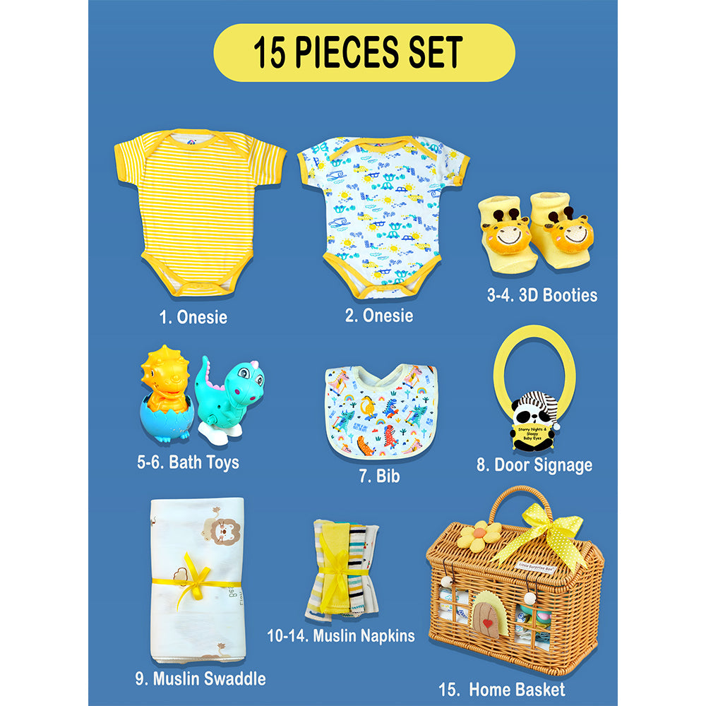 15 pcs Yellow Blessed Home cane basket Neutral gender Newborn Hamper/Giftbox set for Newborn Baby Girl/Boy,0-6 months -