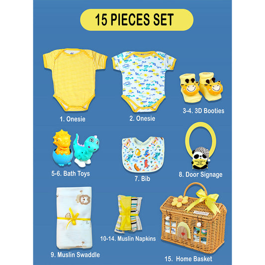 15 pcs Yellow Blessed Home cane basket Neutral gender Newborn Hamper/Giftbox set for Newborn Baby Girl/Boy,0-6 months -